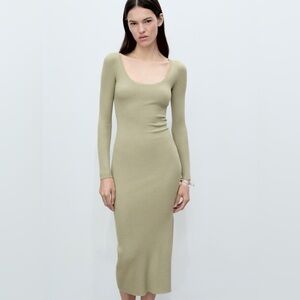 Mango khaki rib knit midi dress NWT